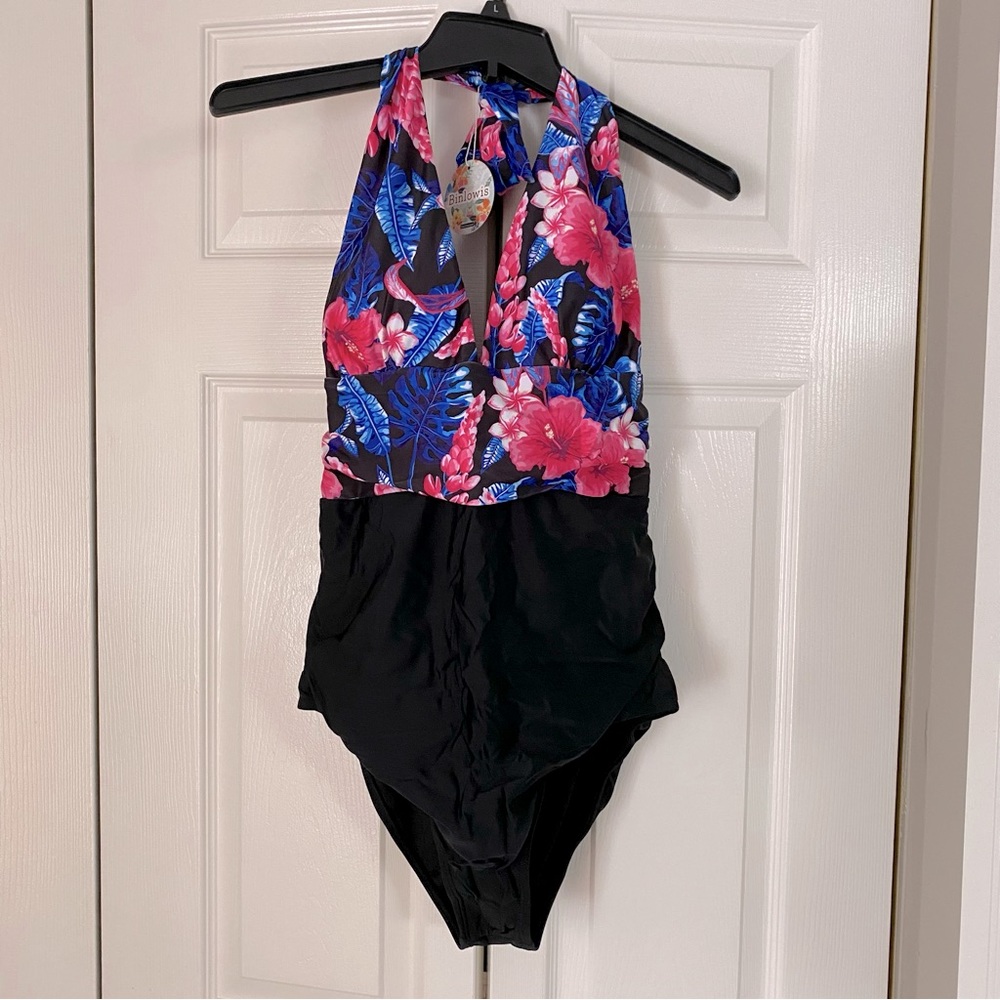 Women’s Deep V Neck Halter One Piece Swimsuit, black & floral size L NWT